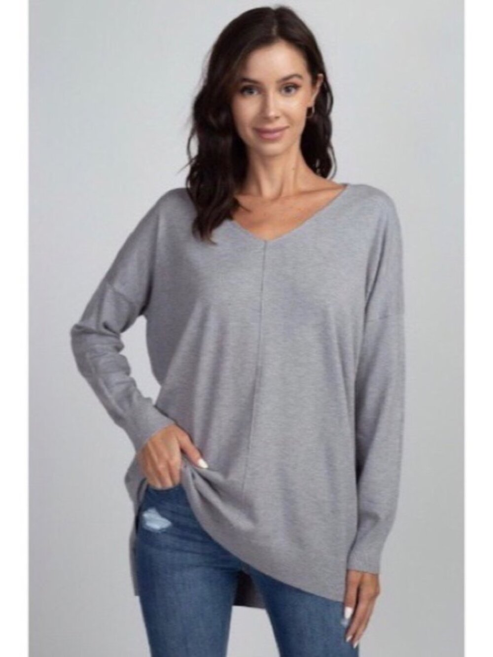 Dreamers by Debut Women's Super Soft V-Neck Front Seam Tunic Sweater Gray M/L